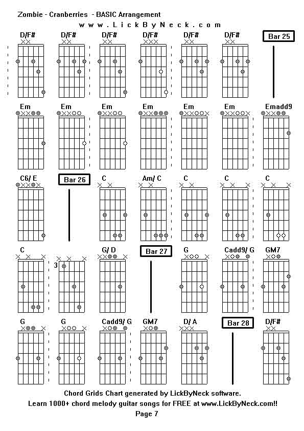 Chord Grids Chart of chord melody fingerstyle guitar song-Zombie - Cranberries  - BASIC Arrangement,generated by LickByNeck software.